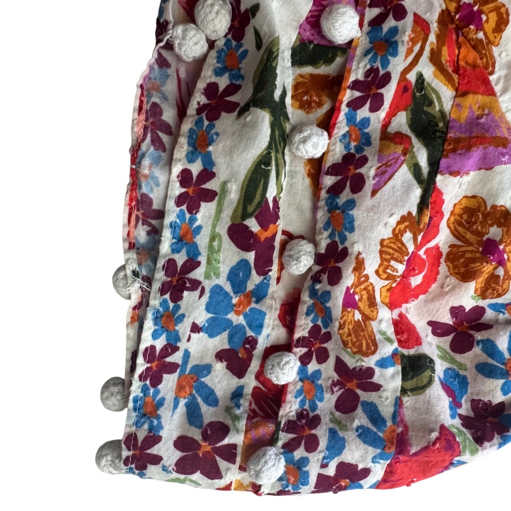 Farm Rio Womens Top Large Floral Swiss Dot Blouse Multi Color Boho Pom Poms - Picture 7 of 11